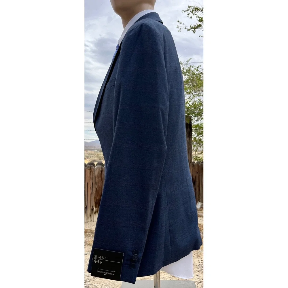 New Banana Republic Blazer Men 44R Blue Slim Fit Glen Plaid Suit Jacket Stretch